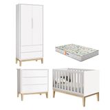 Quarto De Bebê 2 Portas E Cômoda Gaveteiro New Classic Branco Com Pés Madeira Natural E Colchão Gazin ? Reller