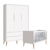 Berço Americano E Guarda Roupa 3 Portas Infantil Theo Branco Acetinado Com Pés Madeira Natural ? Reller