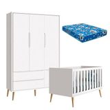 Berço Americano E Guarda Roupa 3 Portas Infantil Theo Branco Acetinado Com Pés Madeira Natural E Colchão ? Reller