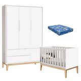 Berço Americano Com Colchão E Guarda Roupa Classic 3 Portas Branco Pés Madeira Natural ? Reller