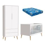 Berço Americano E Guarda Roupa 2 Portas Infantil Theo Branco Acetinado Com Pés Madeira Natural E Colchão ? Reller