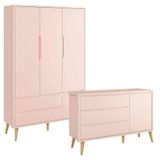 Guarda Roupa Infantil 3 Portas E Cômoda Theo 1 Porta Rosa Com Pés Madeira Natural ? Reller