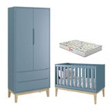 Berço Americano E Guarda Roupa 2 Portas New Classic Azul Com Pés Madeira Natural E Colchão Gazin ? Reller