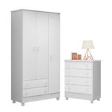 Jogo De Quarto Doce Sonho Guarda Roupa 3 Portas E Cômoda 4 Gavetas Branco Com Pés - Qmovi Branco