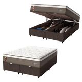 Cama Box Baú Casal Queen Colchão Molas Ensacadas Guarda Costas Alameda Probel 158x198x71cm Suede Marrom / Branco
