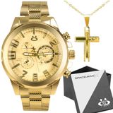 Relogio Masculino Aço Inox Banhado + Cordão Cruz Social Cor