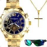 Relogio Prova Dagua Banhado Masculino + Oculos Sol + Cordao
