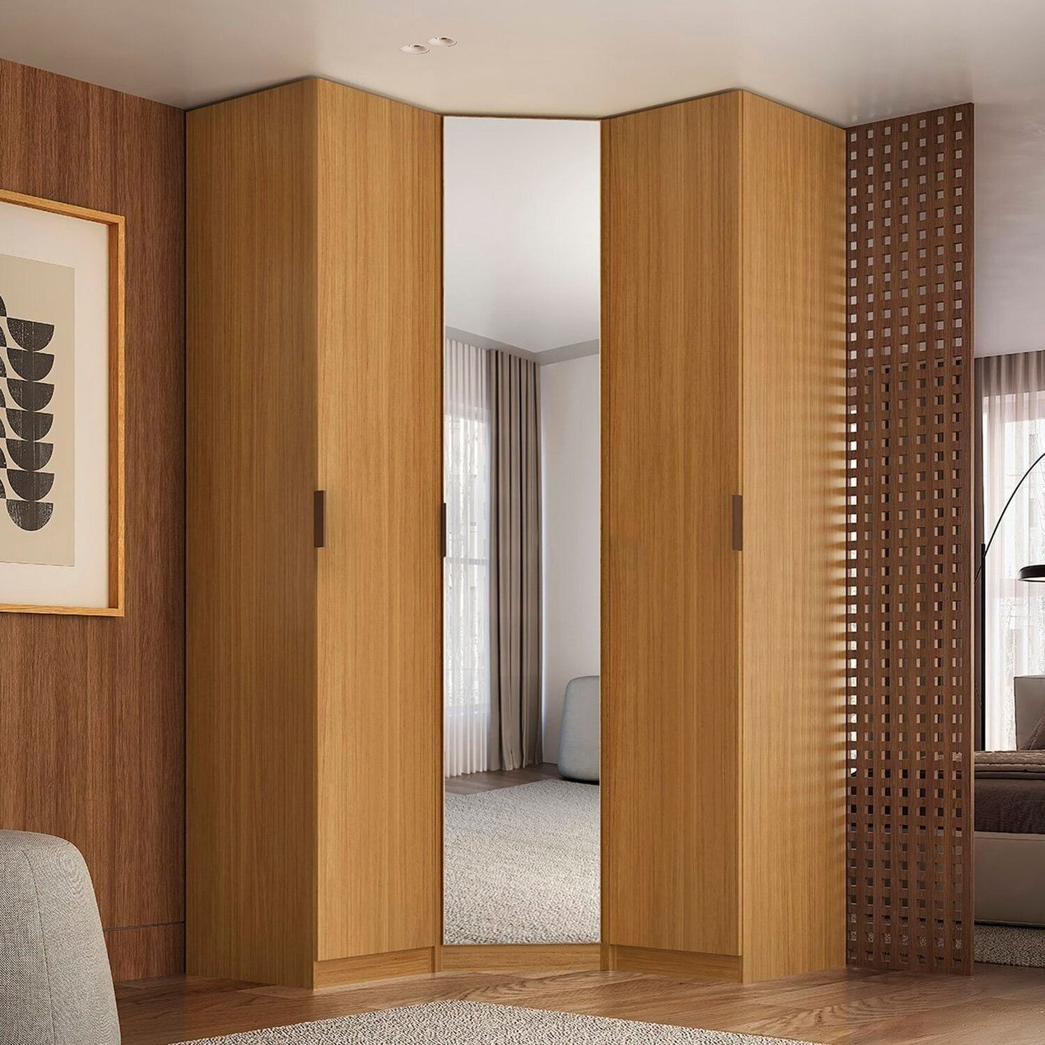 Módulo Guarda-roupa De Canto Obliquo Espelho 3 Portas Mdf Clean Altezza Freijó