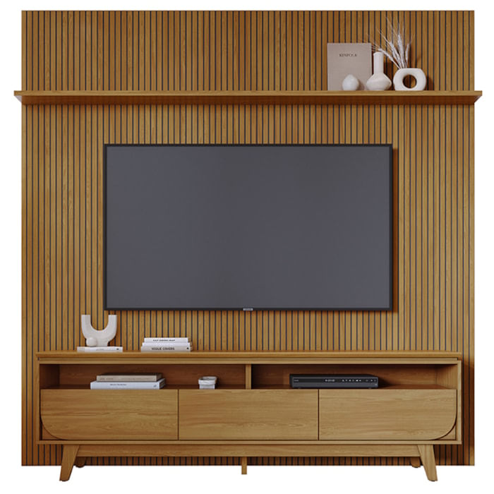 Painel E Bancada Tv 75 Pol 245x238 Cm Luna Cumaru Madetec