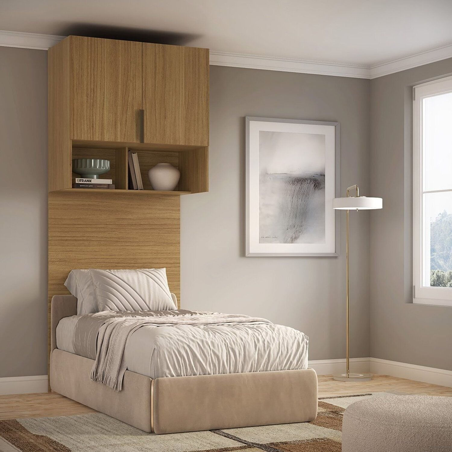 Módulo Aéreo Solteiro 100% Mdf Com Cabeceira Clean Altezza Freijó