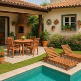 Conjunto Mesa Redonda 4 Cadeiras Empilháveis E 2 Espreguiçadeiras Madeira Maciça Madeira