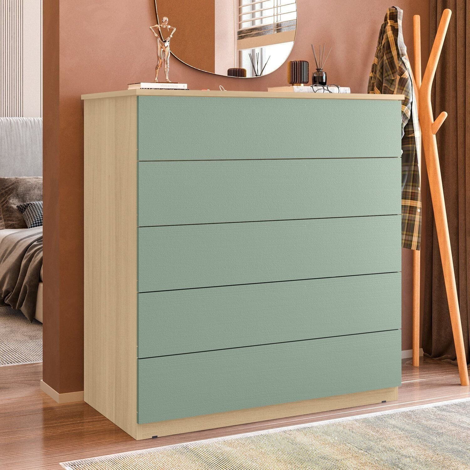 Cômoda Para Quarto Com 5 Gavetas 86,8cm X 91,5cm Compacta Amêndoa Imperial / Verde