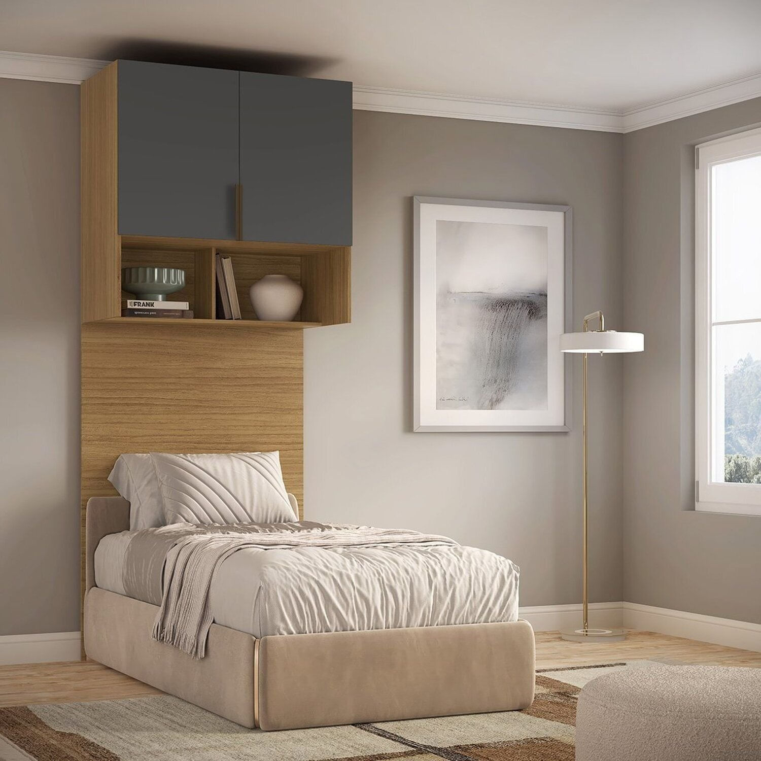 Módulo Aéreo Solteiro 100% Mdf Com Cabeceira Clean Altezza Freijó/titânio