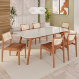Sala De Jantar Mesa 180x76cm Tampo Em Mdf Com Vidro 6 Cadeiras Em Linho Ceci Yescasa Naturalissimo / Laca / Off White