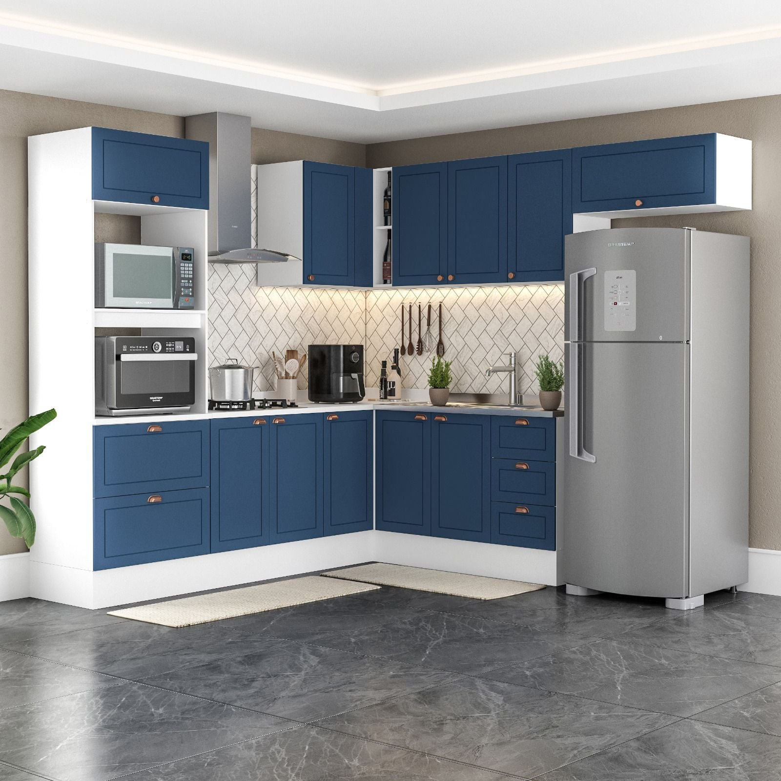 Cozinha Completa 8 Peças Com Rodapé Pérola Yescasa Azul/branco