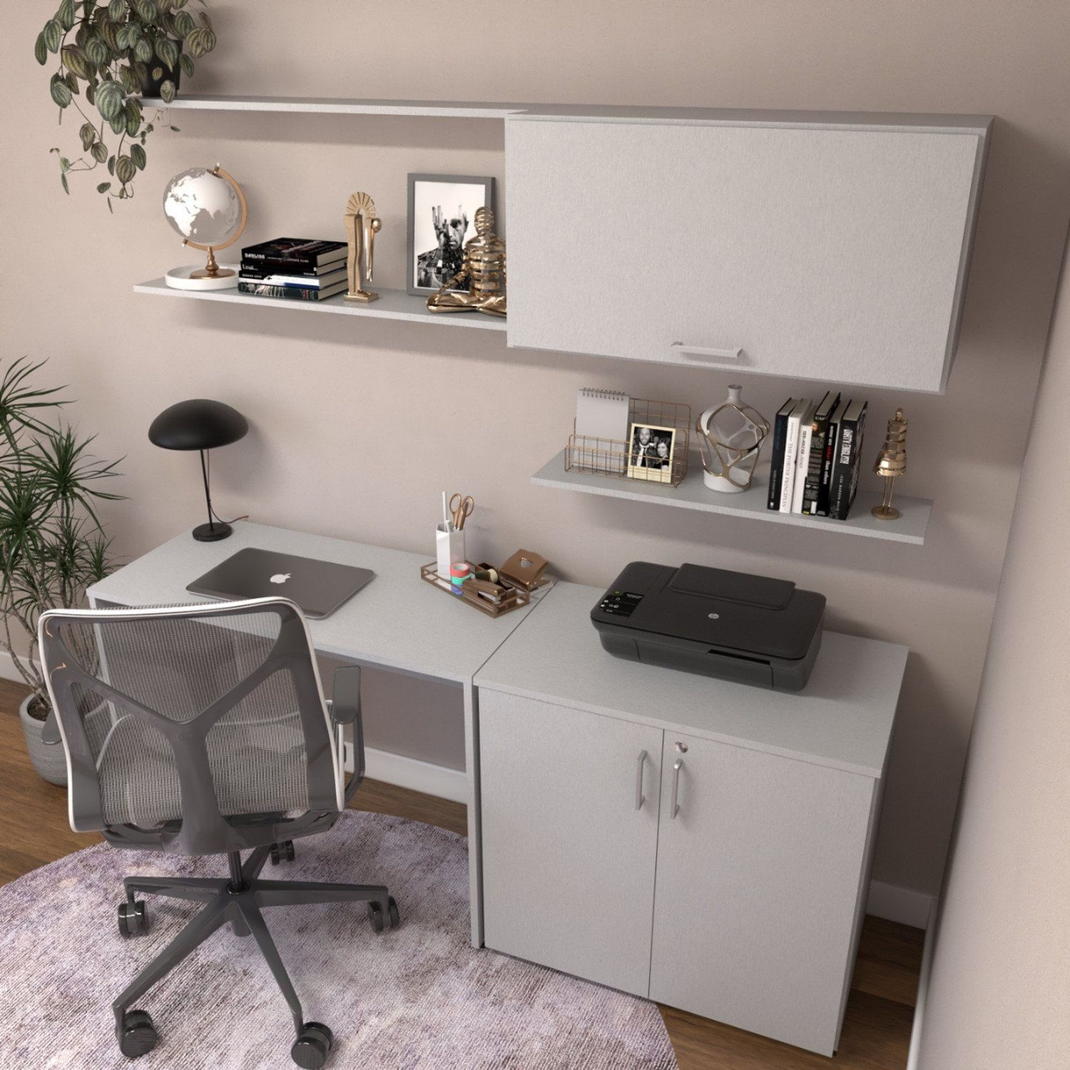 Escrivaninha Mesa Escritório Com Armário Baixo E Aéreo Com Chave 200cm Modular Kitcubos Cinza