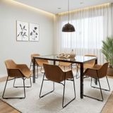 Conjunto Mesa De Jantar Retangular 160cm X 75cm Tampo De Vidro Com 6 Cadeiras Smart Preto/pinus