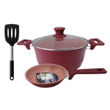 Conjunto Cozinha Vermelho Antiaderente – Caçarola 24cm 4l + Frigideira 16cm + Espátula Inox Silicone