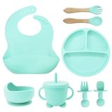 Talheres Bebê Silicone 6 Peças Kit Talheres Infantil Com Ventosa Canudo Colher Babador Garfo Verde
