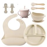 Talheres Bebê Silicone 6 Peças Kit Talheres Infantil Com Ventosa Canudo Colher Babador Garfo Bege