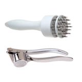 Kit Amaciador Batedor De Carne Bife Com Furador Manual + Espremedor Amassador De Alho Em Aço Inox