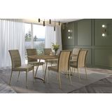 Sala De Jantar Completa Évora 1603 Aço C/ Tampo Madeirado 170x90cm E 6 Cadeiras Wave Dourado/noce/carvalho - Linho/ano&amp;nbsp,,bamboo - Carraro