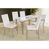 Conjunto: Mesa Sala Jantar Elba C/ Tampo De Vidro 120cm E 4 Cadeiras Amsterdã Niquel - Courano Branco - Kappesberg