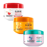 Kit Máscara Elseve Óleo Extraordinário Nutrição 300g Mais Máscara Hialurônico Pure 300g Mais Máscara Reparação Total 300g