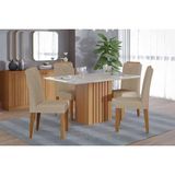 Conjunto: Mesa Sala Jantar Ana Tampo Madeirado C/ Vidro 130x80cm E 4 Cadeiras Fernanda Cinamomo/off White - Carvalho/linho Bege - Cimol