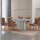 Mesa De Jantar Diane 180cm Tampo Mdf Vidro 6 Cadeiras Lisboa Moderna Tork Naturale Serigrafia Off White