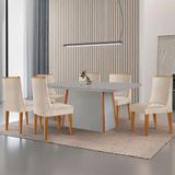 Mesa De Jantar Diane 180cm Tampo Mdf Vidro 6 Cadeiras Lisboa Moderna Veludo Creme Off White Naturale Serigrafia