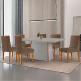 Mesa De Jantar Diane 180cm Tampo Mdf Vidro 6 Cadeiras Lisboa Moderna Veludo Capuccino Off White Naturale Serigrafia