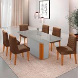 Mesa De Jantar Isadora 180cm Tampo Mdf Vidro Com 6 Cadeiras Veludo Marrom Naturale Serigrafia Off White