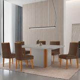 Mesa De Jantar Isadora 180cm Tampo Mdf Vidro Com 6 Cadeiras Veludo Marrom Naturale Serigrafia Off White