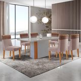 Mesa De Jantar Isadora 180cm Tampo Mdf Vidro Com 6 Cadeiras Linho Capuccino Tork Off White Naturale Serigrafia
