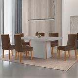 Mesa De Jantar Diane 180cm Tampo Mdf Vidro 6 Cadeiras Lisboa Moderna Veludo Marrom Off White Naturale Serigrafia
