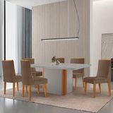 Mesa De Jantar Isadora 180cm Tampo Mdf Vidro Com 6 Cadeiras Veludo Capuccino Off White Naturale Serigrafia