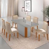 Mesa De Jantar Isadora 180cm Tampo Mdf Vidro Com 6 Cadeiras Veludo Creme Off White Naturale Serigrafia