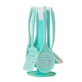 Kit 7 Peças Utensílios Cozinha Silicone Resistente Durável Verde Água