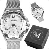 Relogio Feminino Silicone Aco Inox Prata Prova Dagua + Caixa Strass Ajustavel Moda Original Social