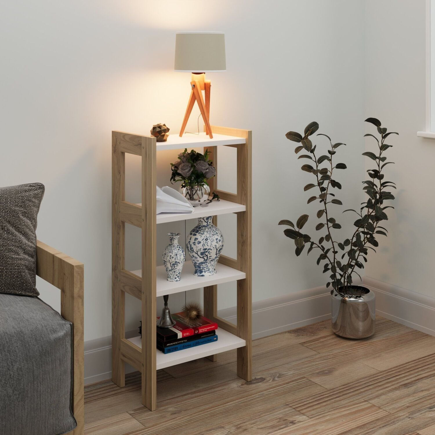 Estante Em Madeira Maciça E Mdf Linna Branco/rústico