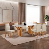 Conjunto De Jantar Mesa Miami Tampo Mdf E Vidro Com 6 Cadeiras Catar Yescasa Castanho Cinamomo/creme/off White