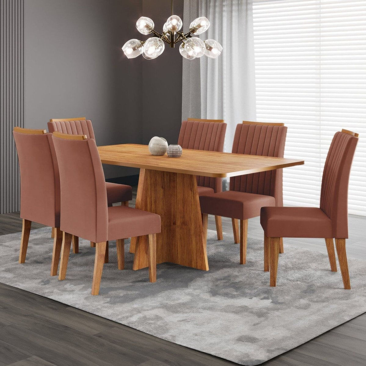 Conjunto Sala De Jantar 160x77,5cm Tampo Sem Vidro E 6 Cadeiras Tannat Mel/terracota