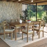 Conjunto Para Jardim Madeira Maciça 160x80cm 1 Mesa 6 Cadeiras Assento Estofado Itália Cera Envelhecido / Palha