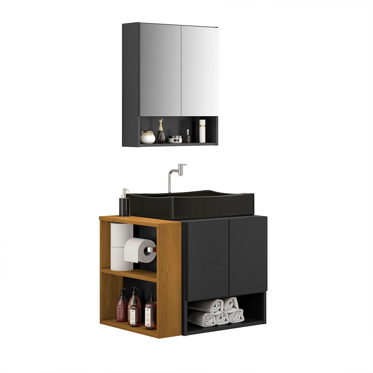 Gabinete Troia Com Espelheira Cuba Dalla Preta E Papeleira Preto Fosco/naturale