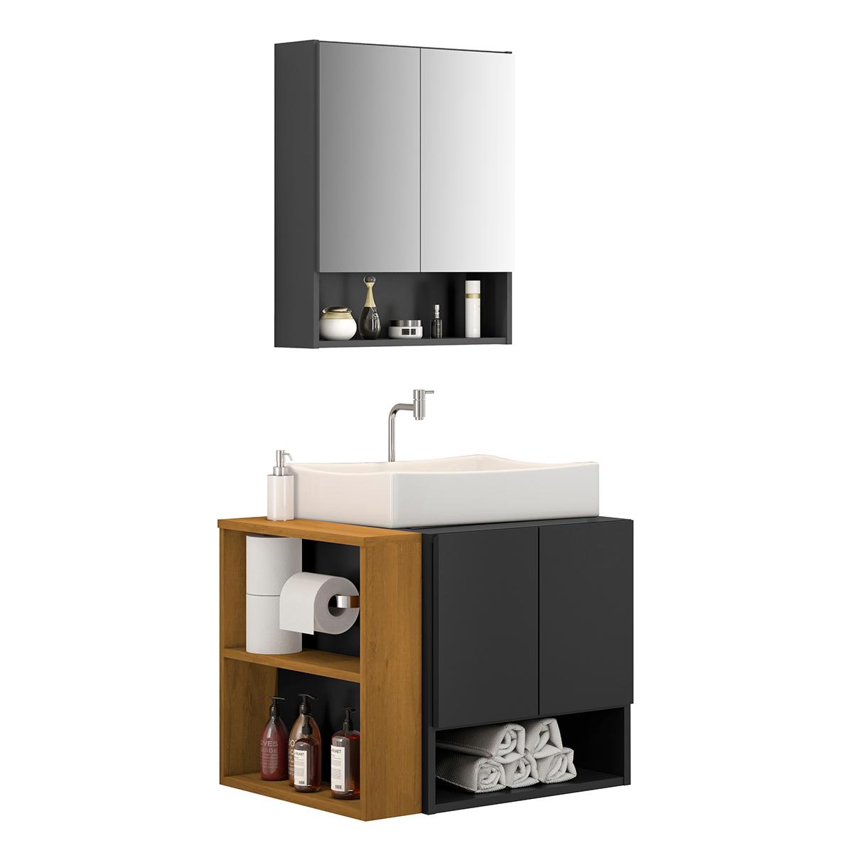 Gabinete Troia Com Espelheira Cuba Dalla Branca E Papeleira Preto Fosco/naturale