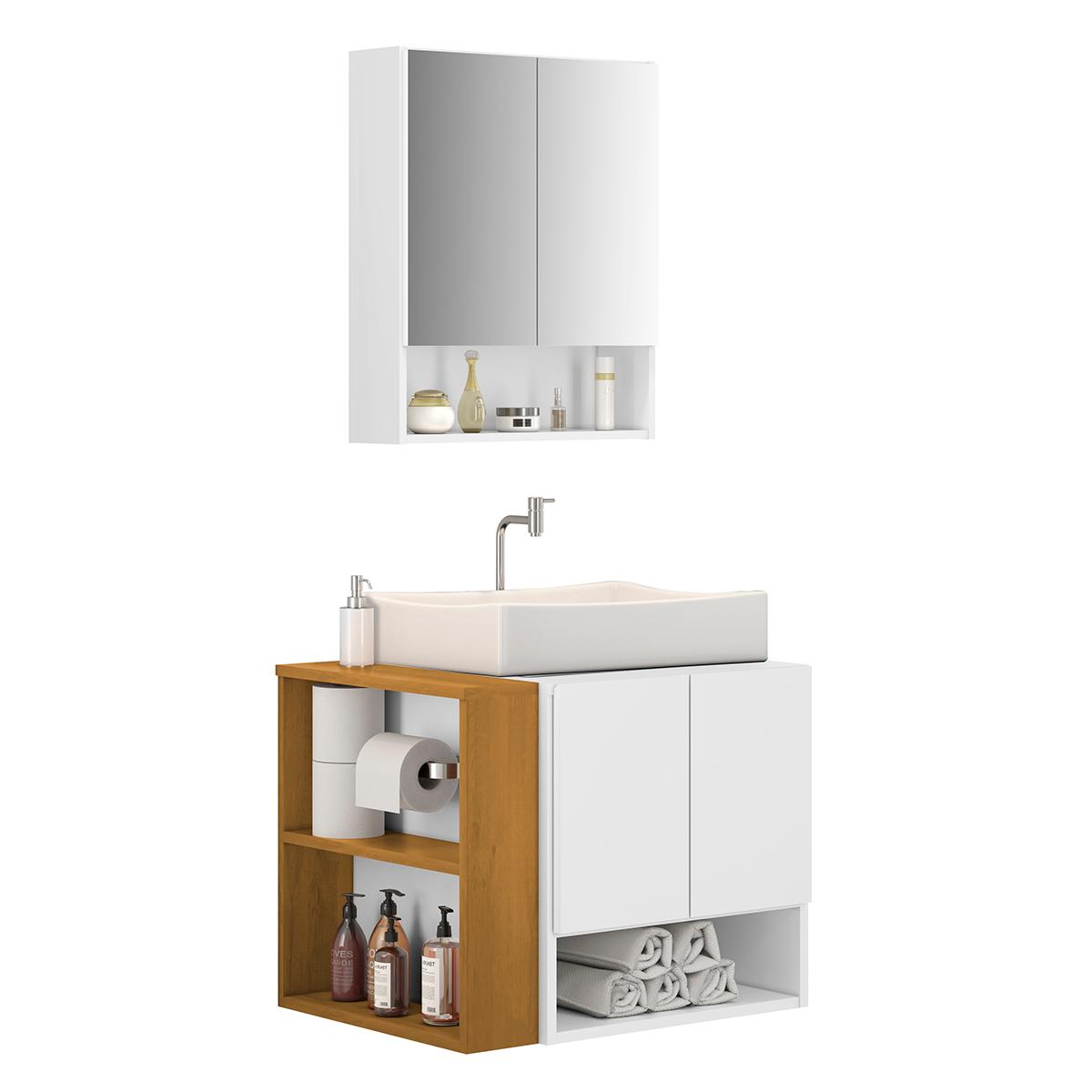 Gabinete Troia Com Espelheira Cuba Dalla Branca E Papeleira Branco/naturale