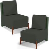 Kit 02 Poltronas Decorativas Sala De Estar Living Pés Madeira Hungria L02 Couríssimo Verde Linho Verde Musgo - Lyam