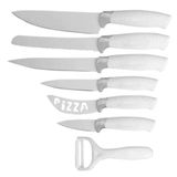 Conjunto De Facas De Cozinha Ceramica Branca 7 Peças Kit Profissional Churrasco Carnes Paes Pizza Com Descascador Frutas
