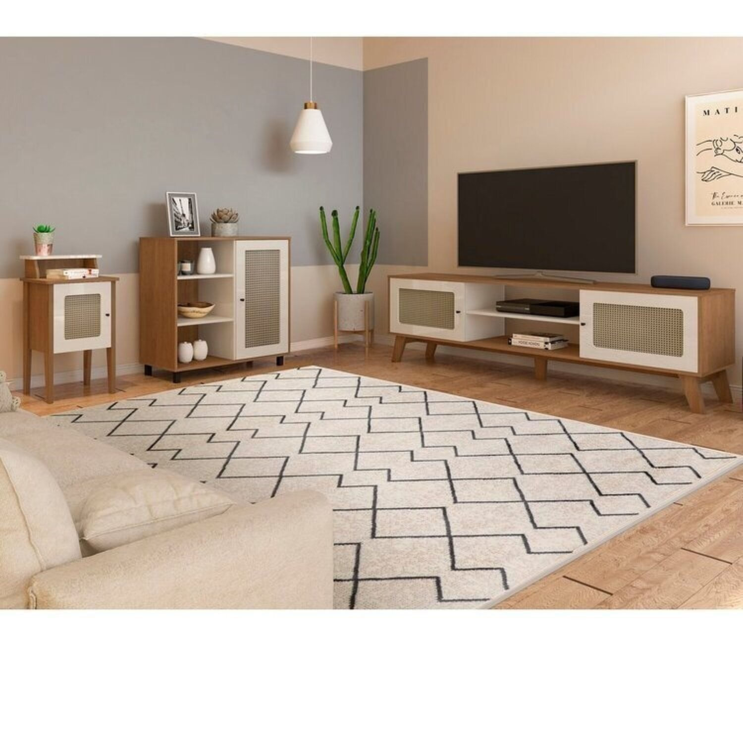 Kit 3 Peças P/ Sala De Estar C/ Mesa De Apoio, Buffet E Rack Charlotte Cinamomo/off White